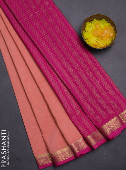 Semi mysore silk saree pale orange and pink with allover zari checked pattern and zari woven border