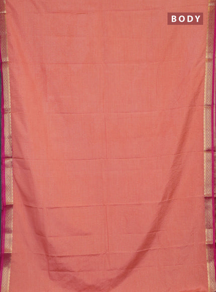 Semi mysore silk saree pale orange and pink with allover zari checked pattern and zari woven border