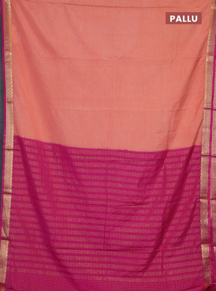 Semi mysore silk saree pale orange and pink with allover zari checked pattern and zari woven border