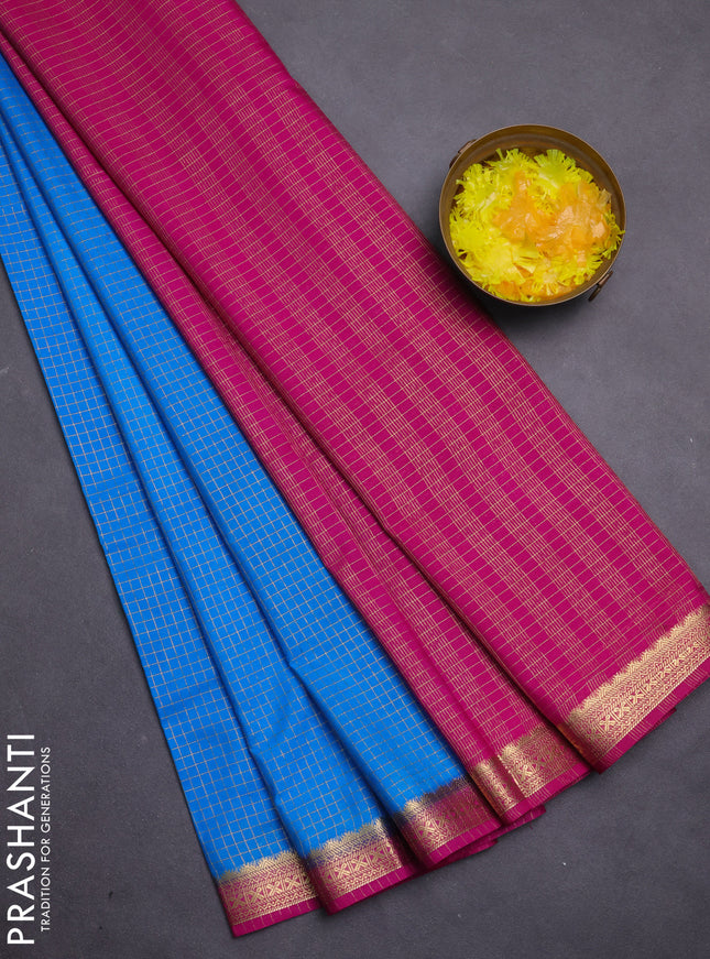 Semi mysore silk saree cs blue and pink with allover zari checked pattern and zari woven border