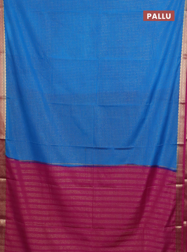 Semi mysore silk saree cs blue and pink with allover zari checked pattern and zari woven border