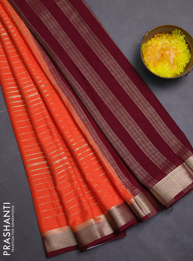 Semi mysore silk saree peach orange and maroon with allover zari weaves and zari woven border