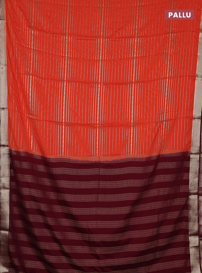 Semi mysore silk saree peach orange and maroon with allover zari weaves and zari woven border