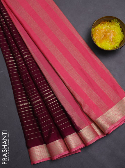 Semi mysore silk saree wine shade and peach pink with allover zari weaves and zari woven border