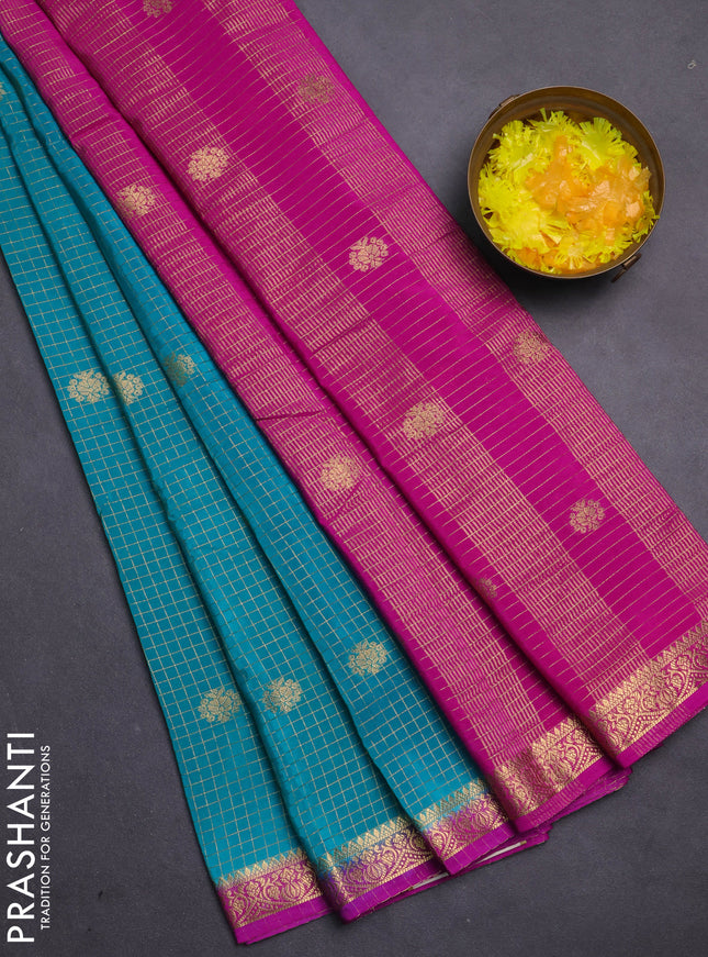 Semi mysore silk saree teal green and pink with allover zari checks pattern & buttas and zari woven border