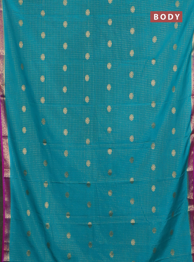 Semi mysore silk saree teal green and pink with allover zari checks pattern & buttas and zari woven border