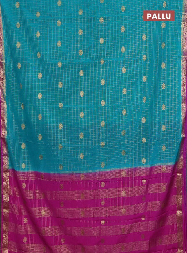 Semi mysore silk saree teal green and pink with allover zari checks pattern & buttas and zari woven border