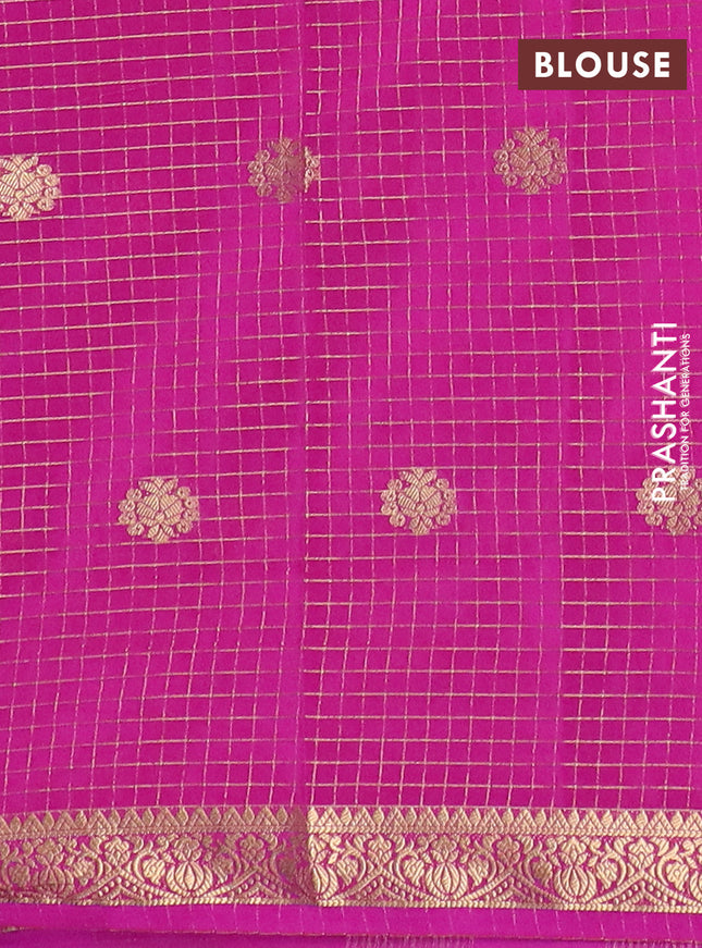 Semi mysore silk saree teal green and pink with allover zari checks pattern & buttas and zari woven border