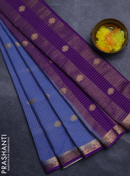 Semi mysore silk saree bluish grey and violet with allover zari checks pattern & buttas and zari woven border