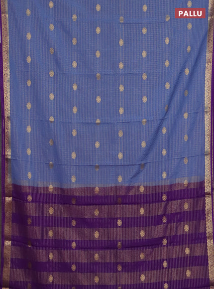 Semi mysore silk saree bluish grey and violet with allover zari checks pattern & buttas and zari woven border