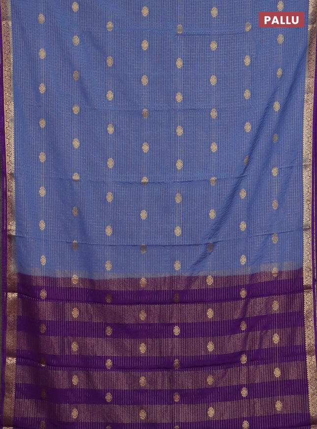 Semi mysore silk saree bluish grey and violet with allover zari checks pattern & buttas and zari woven border