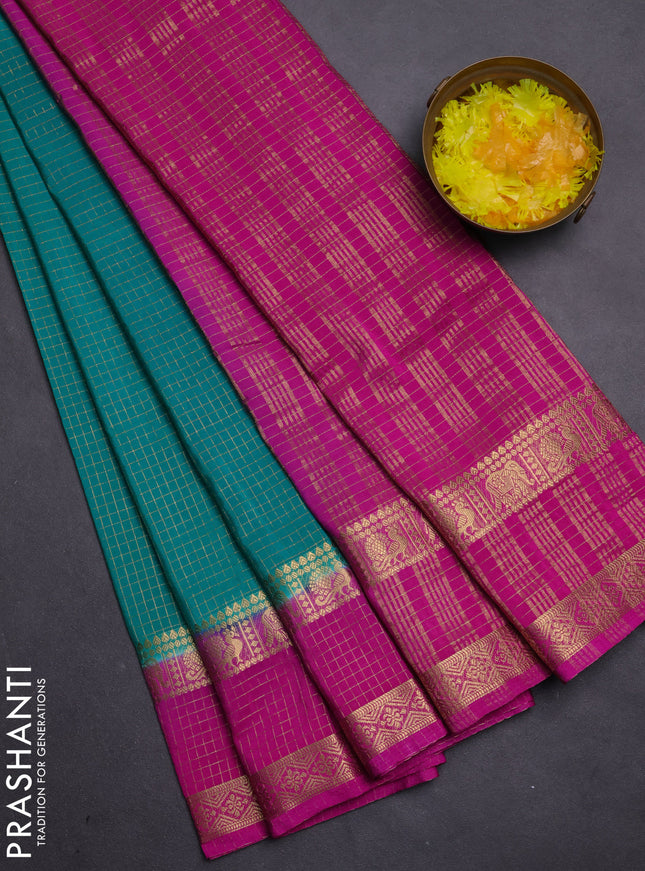 Semi mysore silk saree teal green and pink with allover zari checks pattern & buttas and rettapet zari woven border