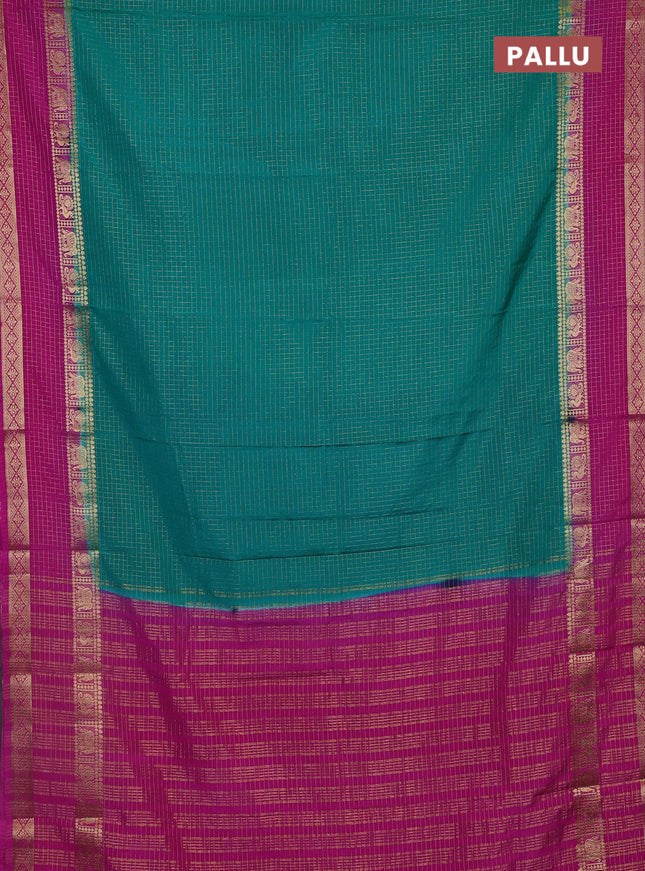 Semi mysore silk saree teal green and pink with allover zari checks pattern & buttas and rettapet zari woven border