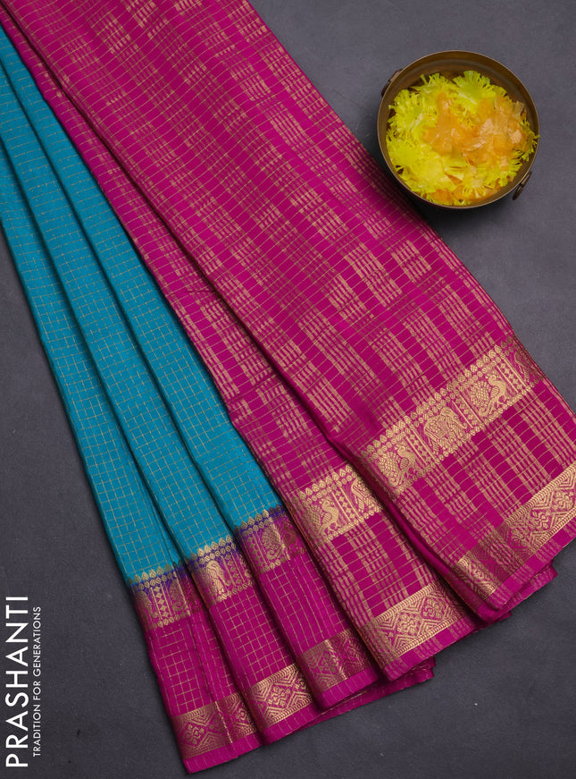 Semi mysore silk saree teal green and pink with allover zari checks pattern & buttas and rettapet zari woven border