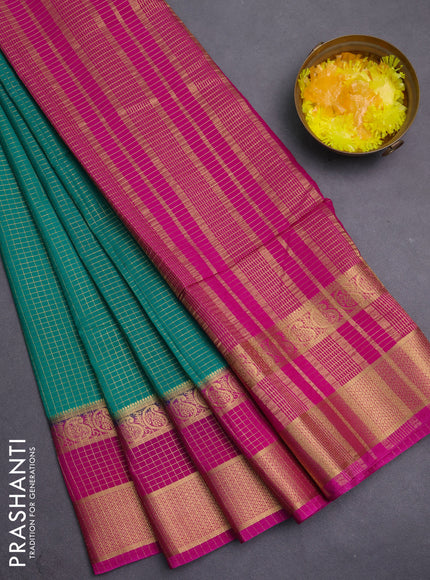 Semi mysore silk saree green and magenta pink with allover small zari checked pattern and zari woven border