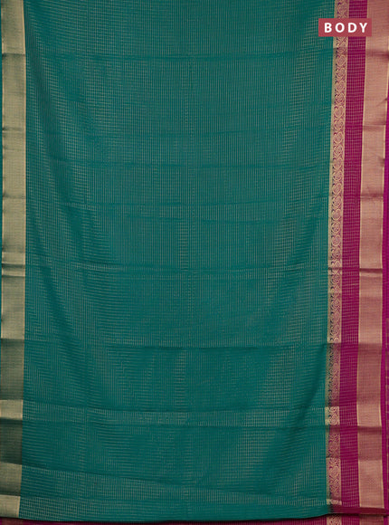Semi mysore silk saree green and magenta pink with allover small zari checked pattern and zari woven border