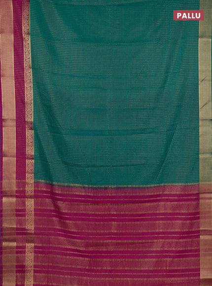 Semi mysore silk saree green and magenta pink with allover small zari checked pattern and zari woven border