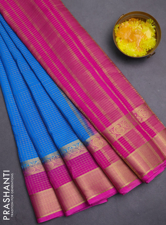 Semi mysore silk saree cs blue and pink with allover small zari checked pattern and zari woven border