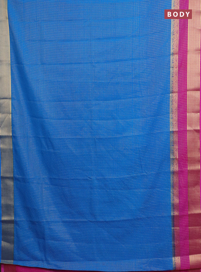 Semi mysore silk saree cs blue and pink with allover small zari checked pattern and zari woven border