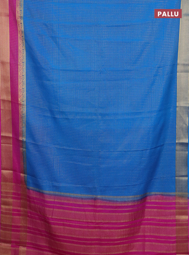 Semi mysore silk saree cs blue and pink with allover small zari checked pattern and zari woven border