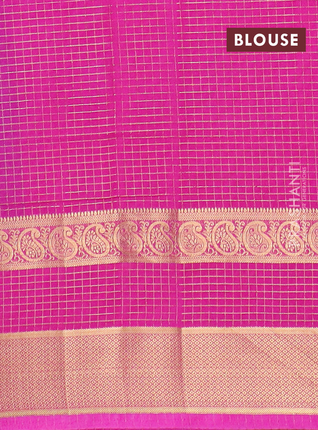 Semi mysore silk saree cs blue and pink with allover small zari checked pattern and zari woven border