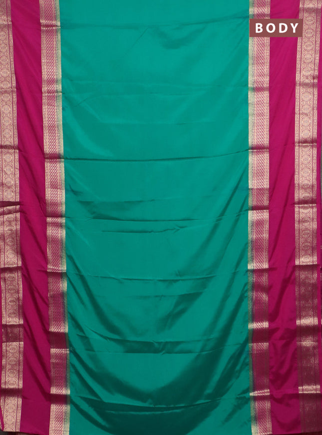 Semi mysore silk saree teal green and pink with plain body and rettapet zari woven border