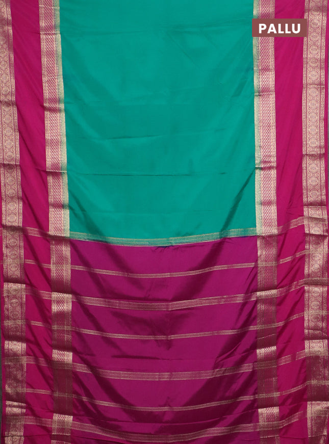Semi mysore silk saree teal green and pink with plain body and rettapet zari woven border