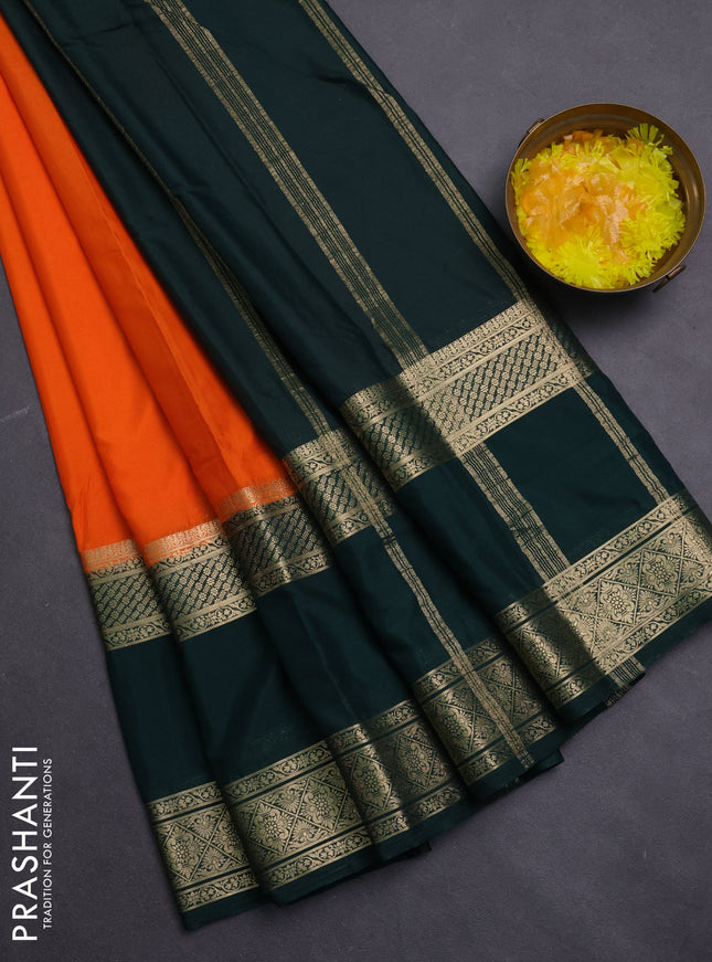 Semi mysore silk saree orange and bottle green with plain body and rettapet zari woven border