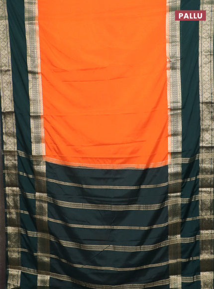 Semi mysore silk saree orange and bottle green with plain body and rettapet zari woven border