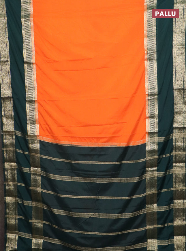 Semi mysore silk saree orange and bottle green with plain body and rettapet zari woven border