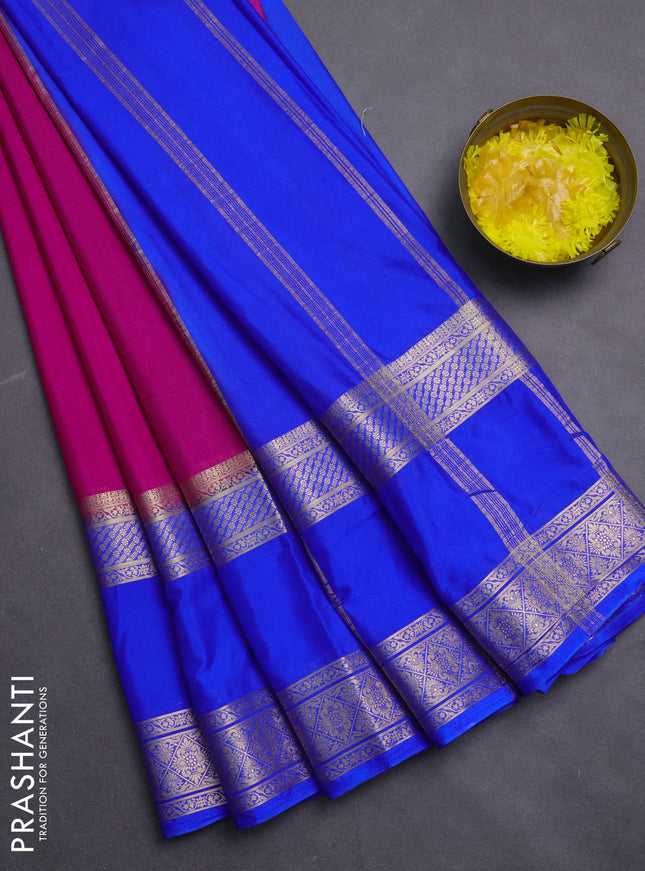 Semi mysore silk saree magenta pink and royal blue with plain body and rettapet zari woven border