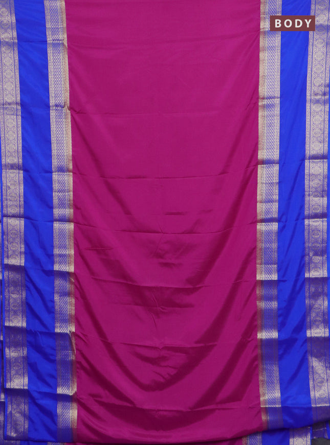 Semi mysore silk saree magenta pink and royal blue with plain body and rettapet zari woven border