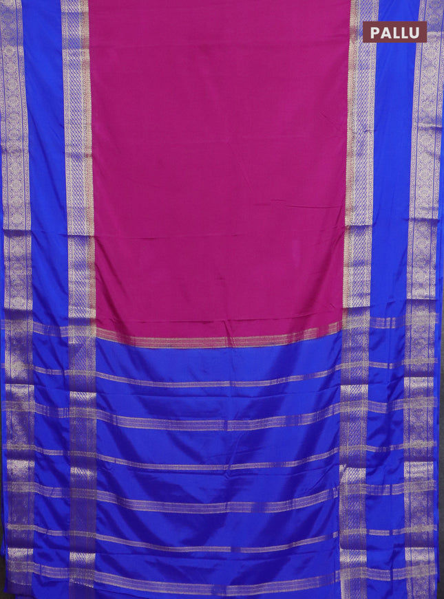 Semi mysore silk saree magenta pink and royal blue with plain body and rettapet zari woven border