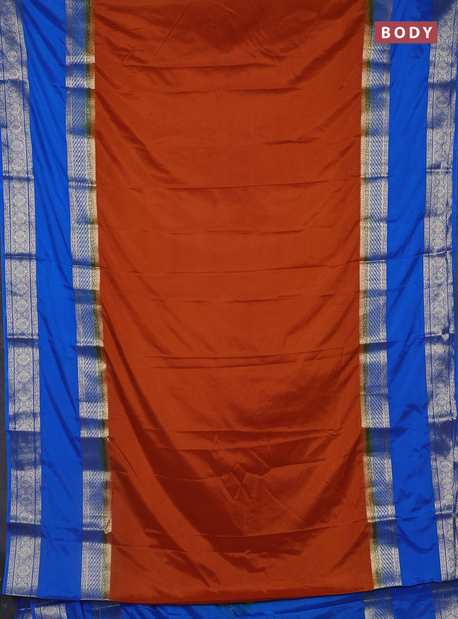Semi mysore silk saree dark mustard and cs blue with plain body and rettapet zari woven border