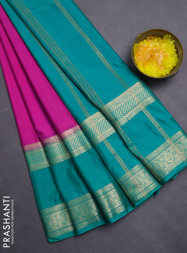 Semi mysore silk saree magenta pink and teal green with plain body and rettapet zari woven border