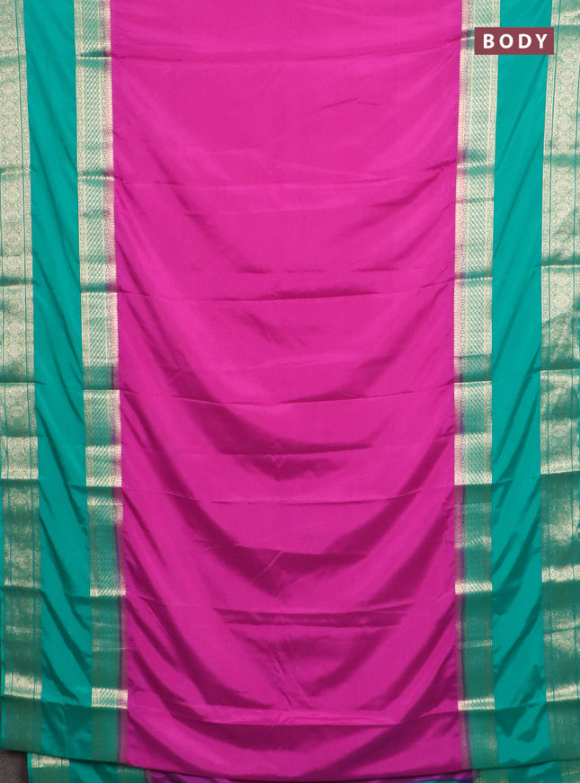 Semi mysore silk saree magenta pink and teal green with plain body and rettapet zari woven border