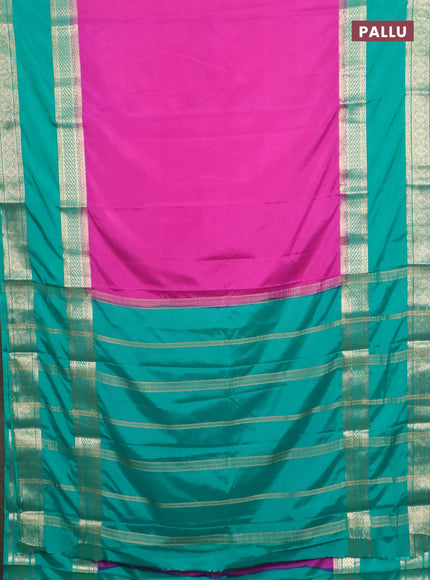 Semi mysore silk saree magenta pink and teal green with plain body and rettapet zari woven border