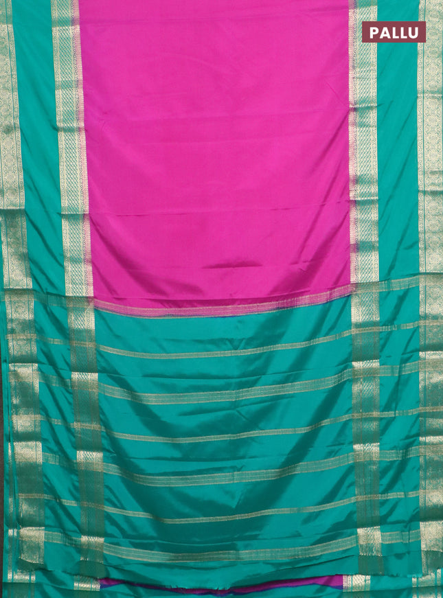 Semi mysore silk saree magenta pink and teal green with plain body and rettapet zari woven border