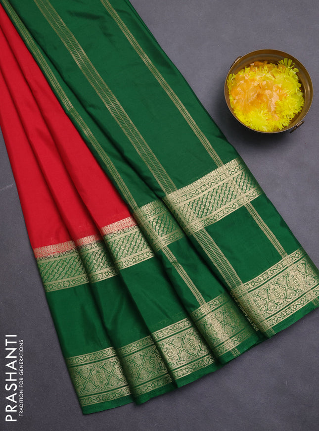 Semi mysore silk saree red and green with plain body and rettapet zari woven border