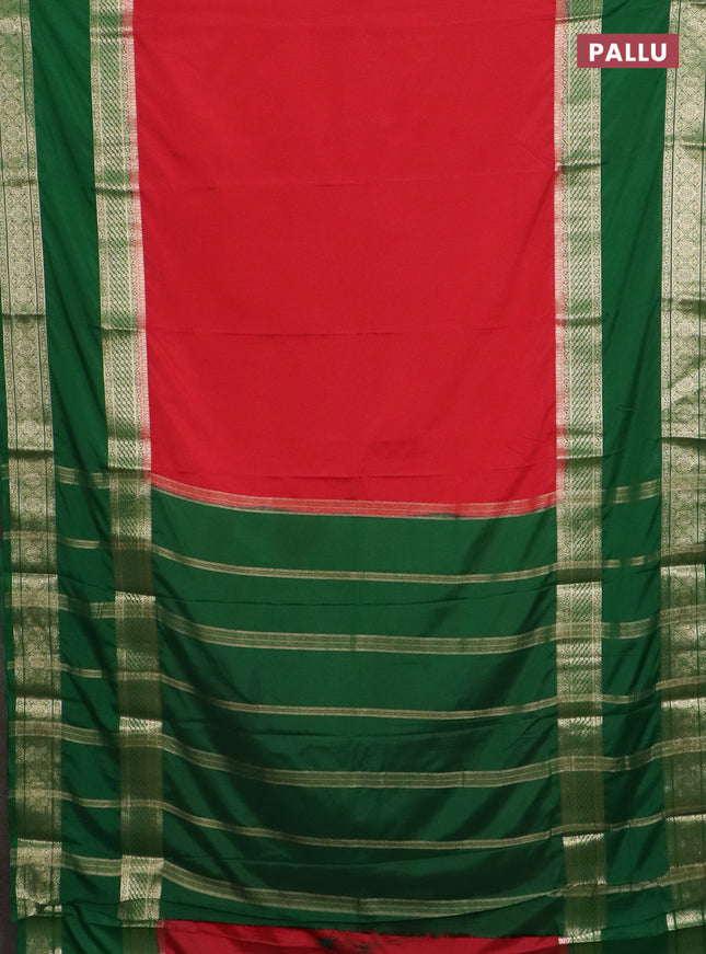 Semi mysore silk saree red and green with plain body and rettapet zari woven border