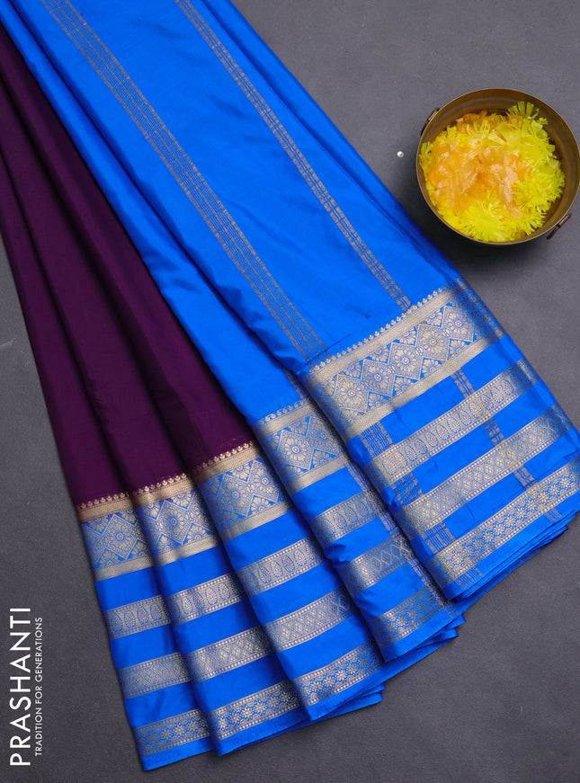 Semi mysore silk saree violet and cs blue with plain body and long zari woven border