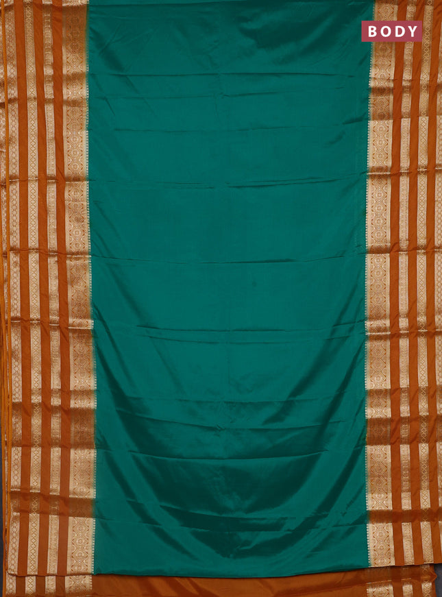 Semi mysore silk saree green and mustard yellow with plain body and long zari woven border