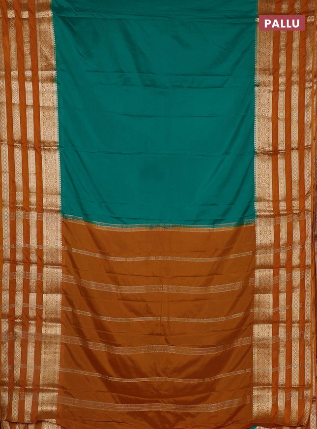 Semi mysore silk saree green and mustard yellow with plain body and long zari woven border