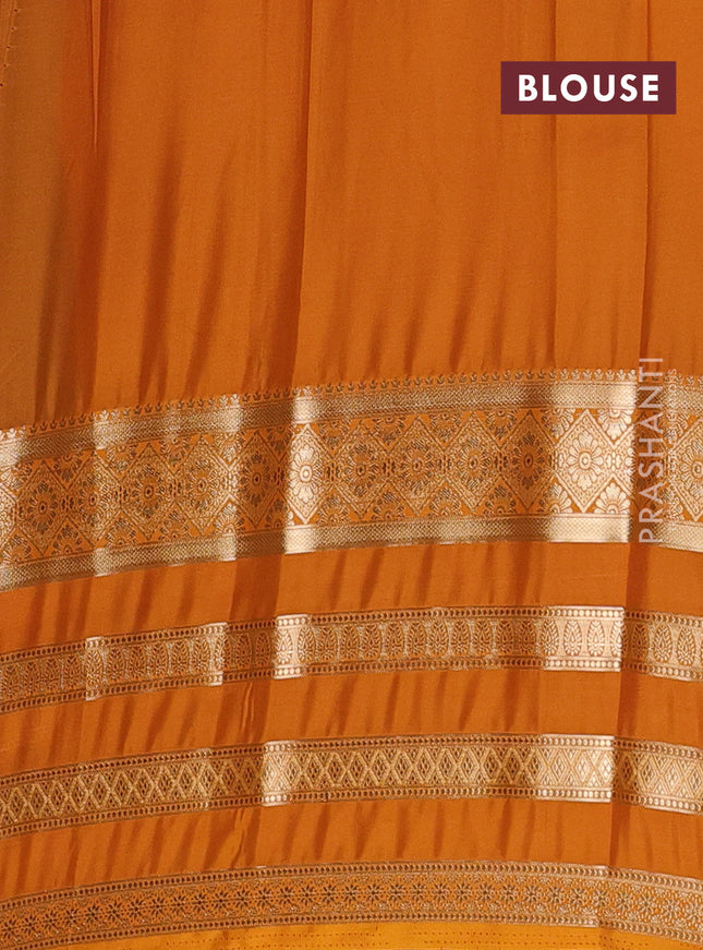 Semi mysore silk saree green and mustard yellow with plain body and long zari woven border