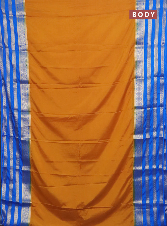 Semi mysore silk saree mustad yellow and blue with plain body and long zari woven border