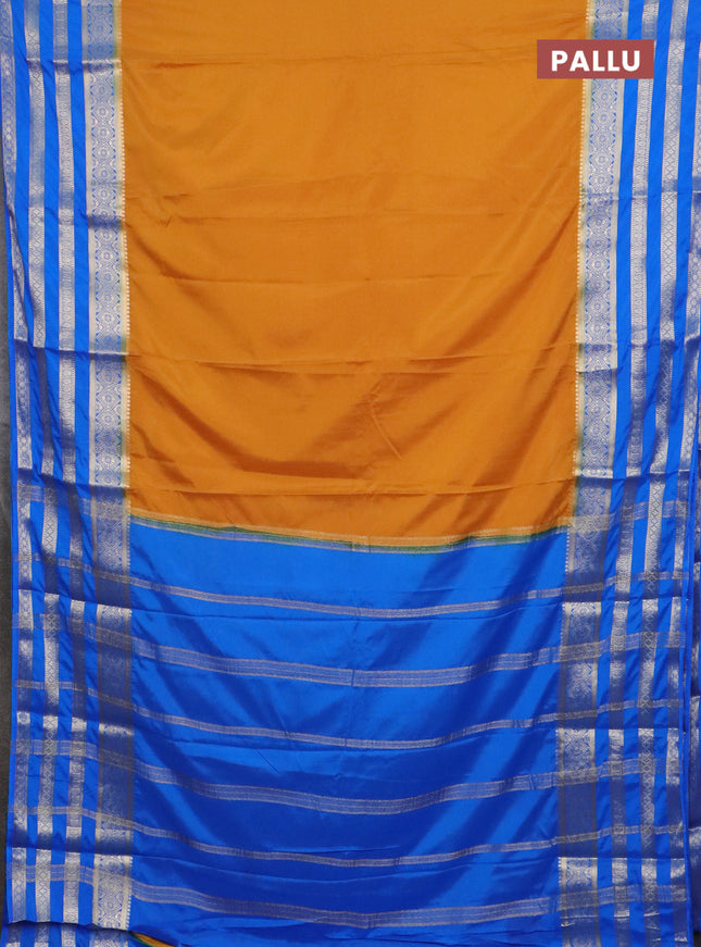 Semi mysore silk saree mustad yellow and blue with plain body and long zari woven border
