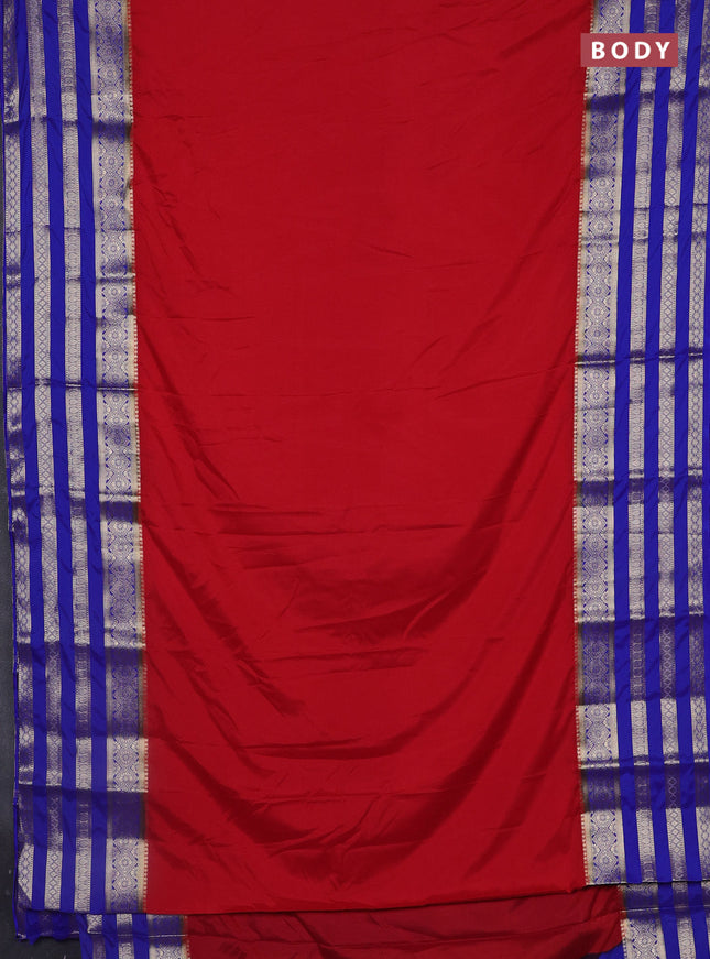 Semi mysore silk saree red and blue with plain body and long zari woven border