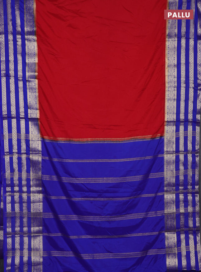 Semi mysore silk saree red and blue with plain body and long zari woven border