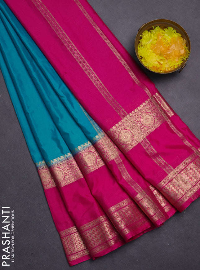 Semi mysore silk saree cs blue and pink with plain body and rettapet zari woven border
