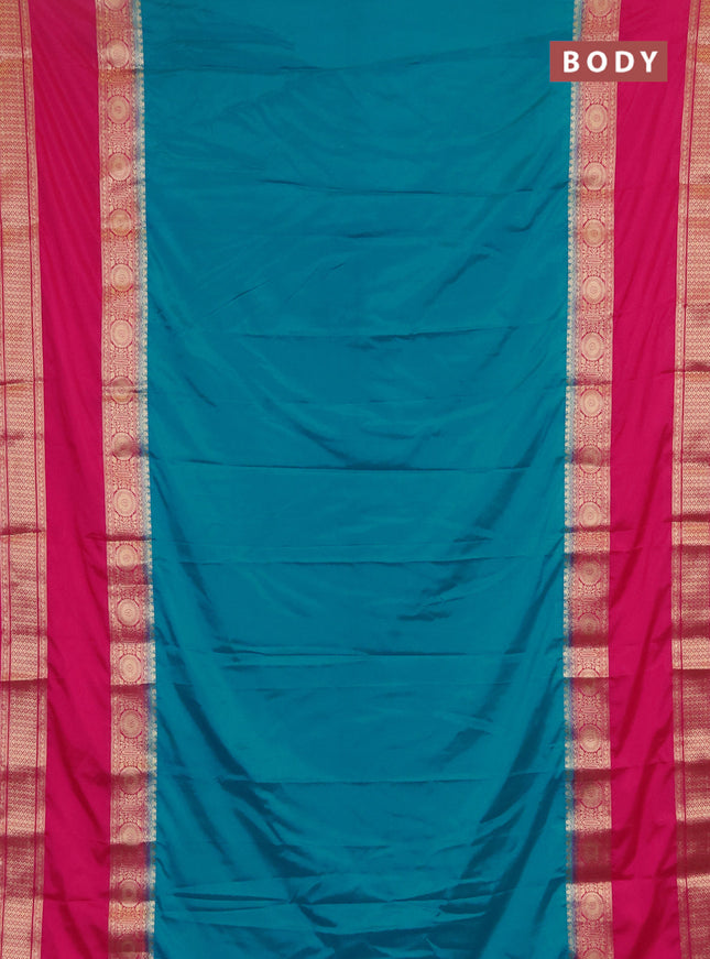Semi mysore silk saree cs blue and pink with plain body and rettapet zari woven border